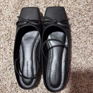 Charles & Keith Black Bow square-toe ballet mules in Black